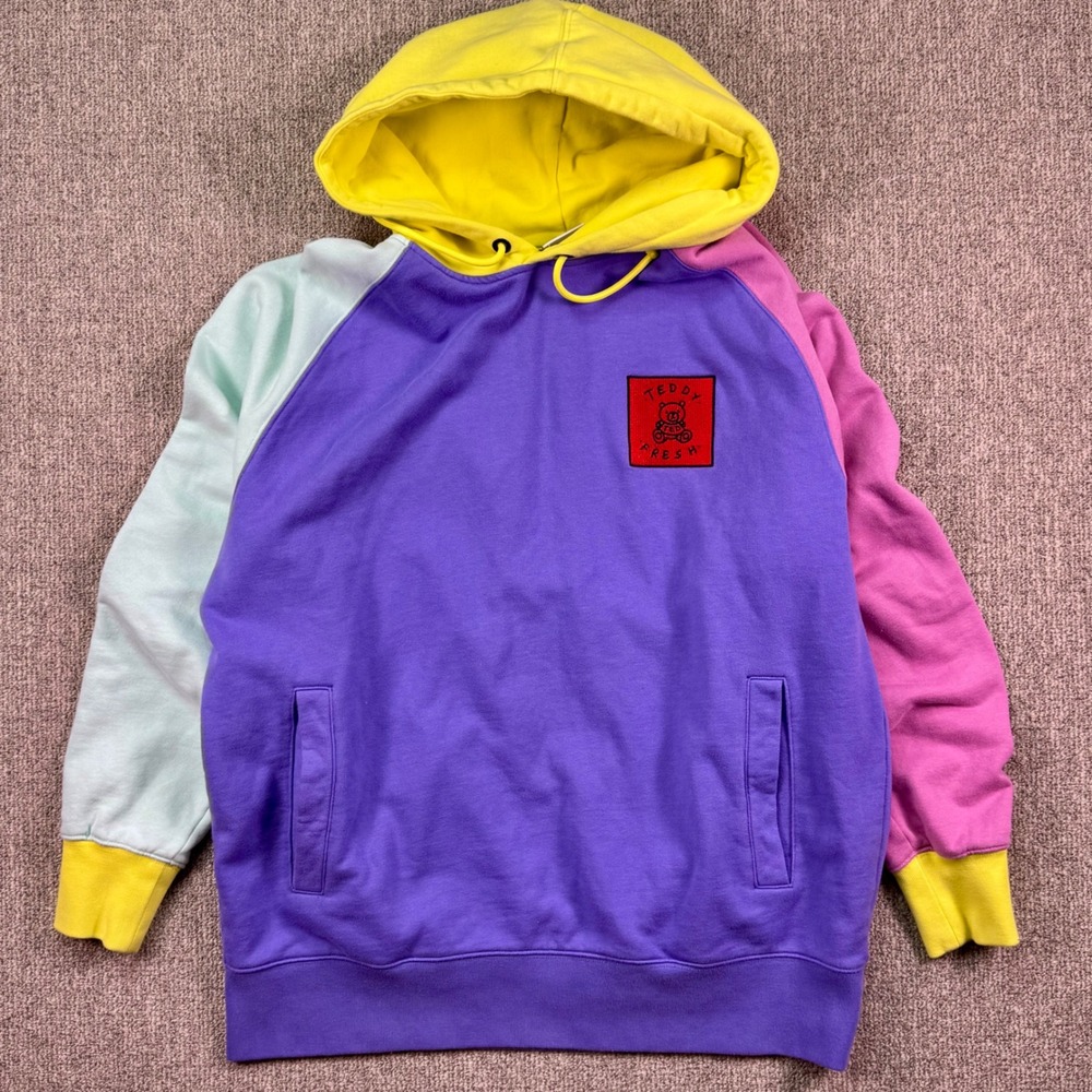 Teddy Fresh Colorblock Hoodie XL Purple Yellow Multicolor Streetwear‎ Pullover